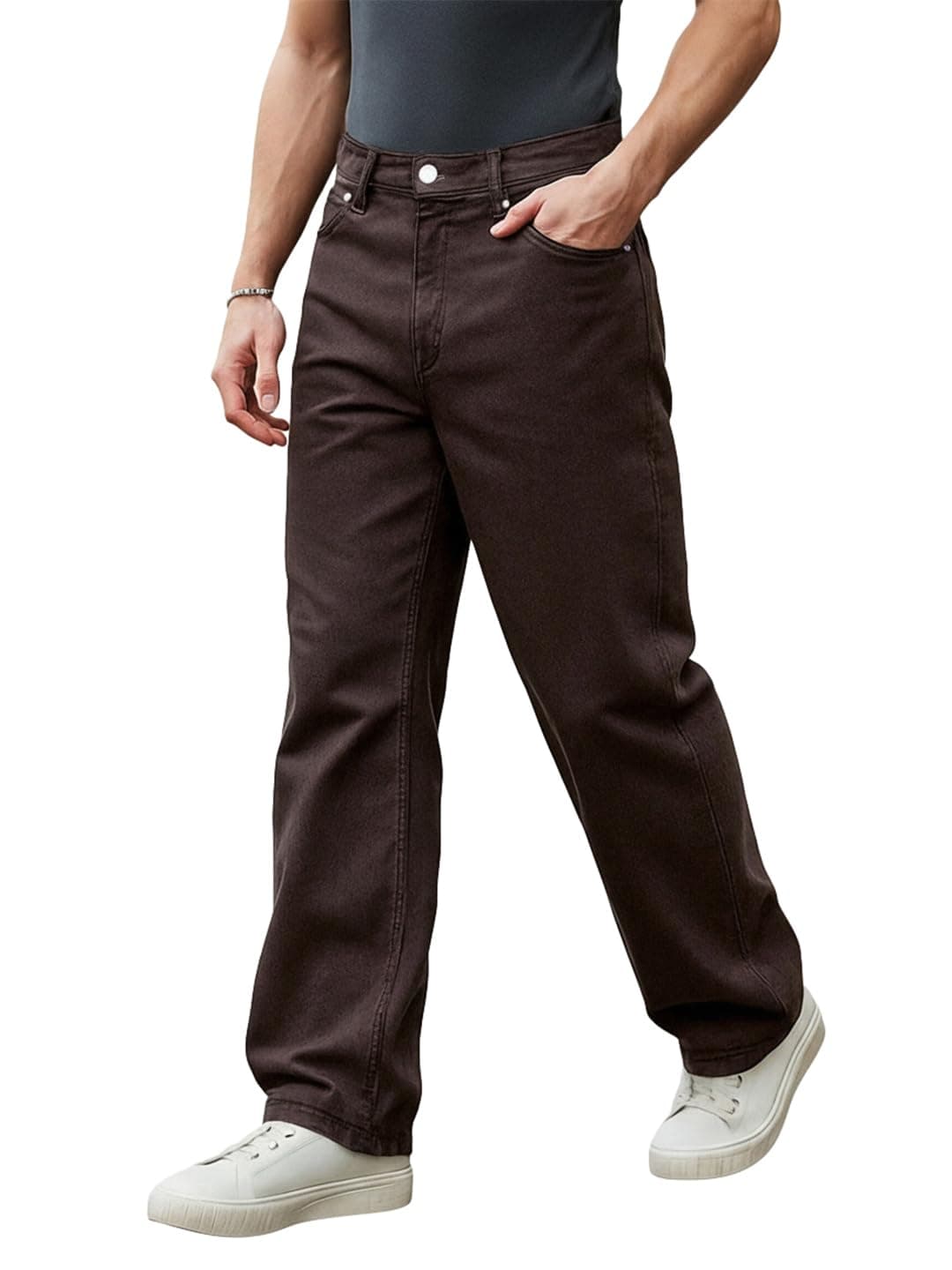 Bewakoof Men's Solid Wide Leg Cotton Baggy Jeans_624689_Brown_32