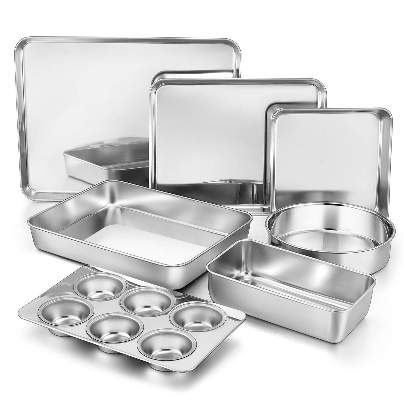 TeamFar Bakeware Sets of 7 Stainless Steel Bakeware Sets for Oven Baking Sheet Toaster Oven Pan Square Round Cake Pan Muffin Pan Loaf Pan Lasagna Pan Healthy Sturdy Dishwasher Safe
