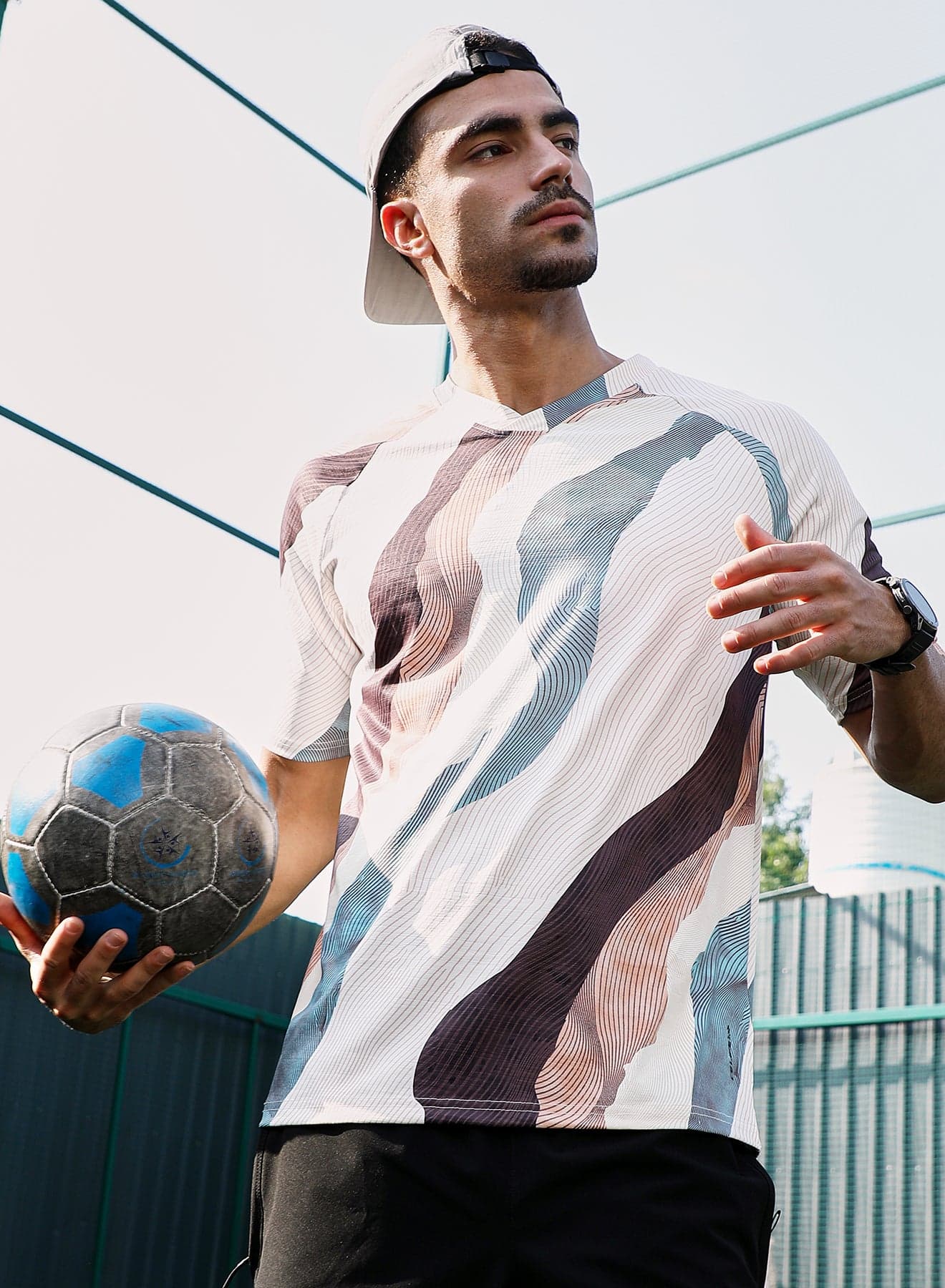 Men's Light Beige & Chocolate Brown Abstract TopographyActivewear T-Shirt