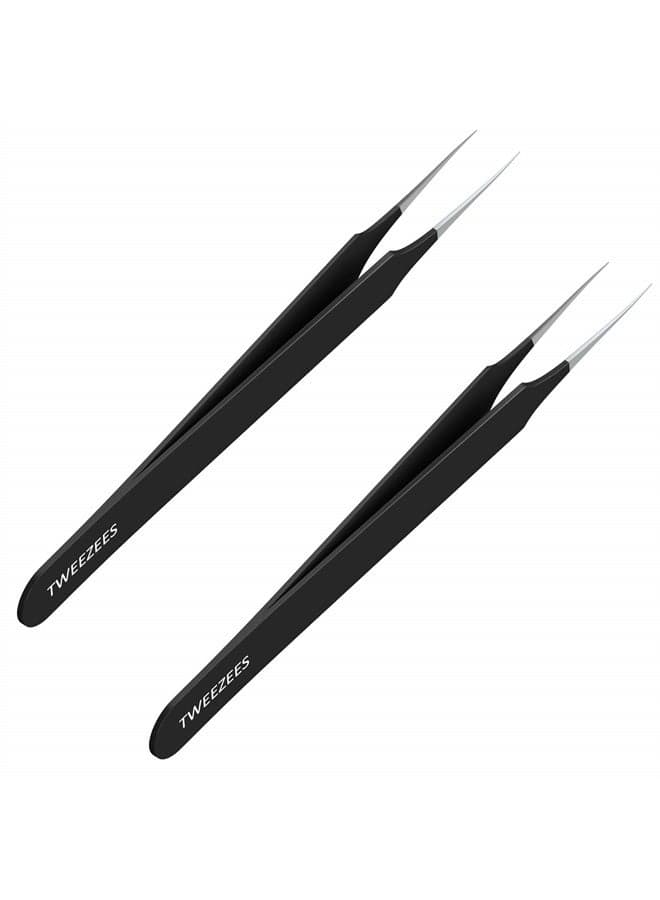 Ingrown Hair Tweezers | Pointed Tip | 2 Pack | Black | Precision Stainless Steel | Extra Sharp and Perfectly Aligned for Ingrown Hair Treatment & Splinter Removal For Men and Women | By Tweezees
