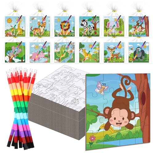Fullhawl 24 Pack Wild Animal Puzzles Jungle Safari Color Your Own Puzzles DIY Wild One Jigsaw Puzzles with 12 Stackable Crayons and 12 Bags for Safari Theme Gifts Birthday Party Supplies