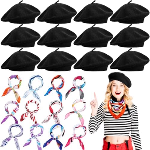Shinymoon 24 Pcs Wool Beret Hat Bulk Artist Beanie Beret Warm French Hat with Silky Neck Scarf for Women Girl Lady(Black,Classic Style)