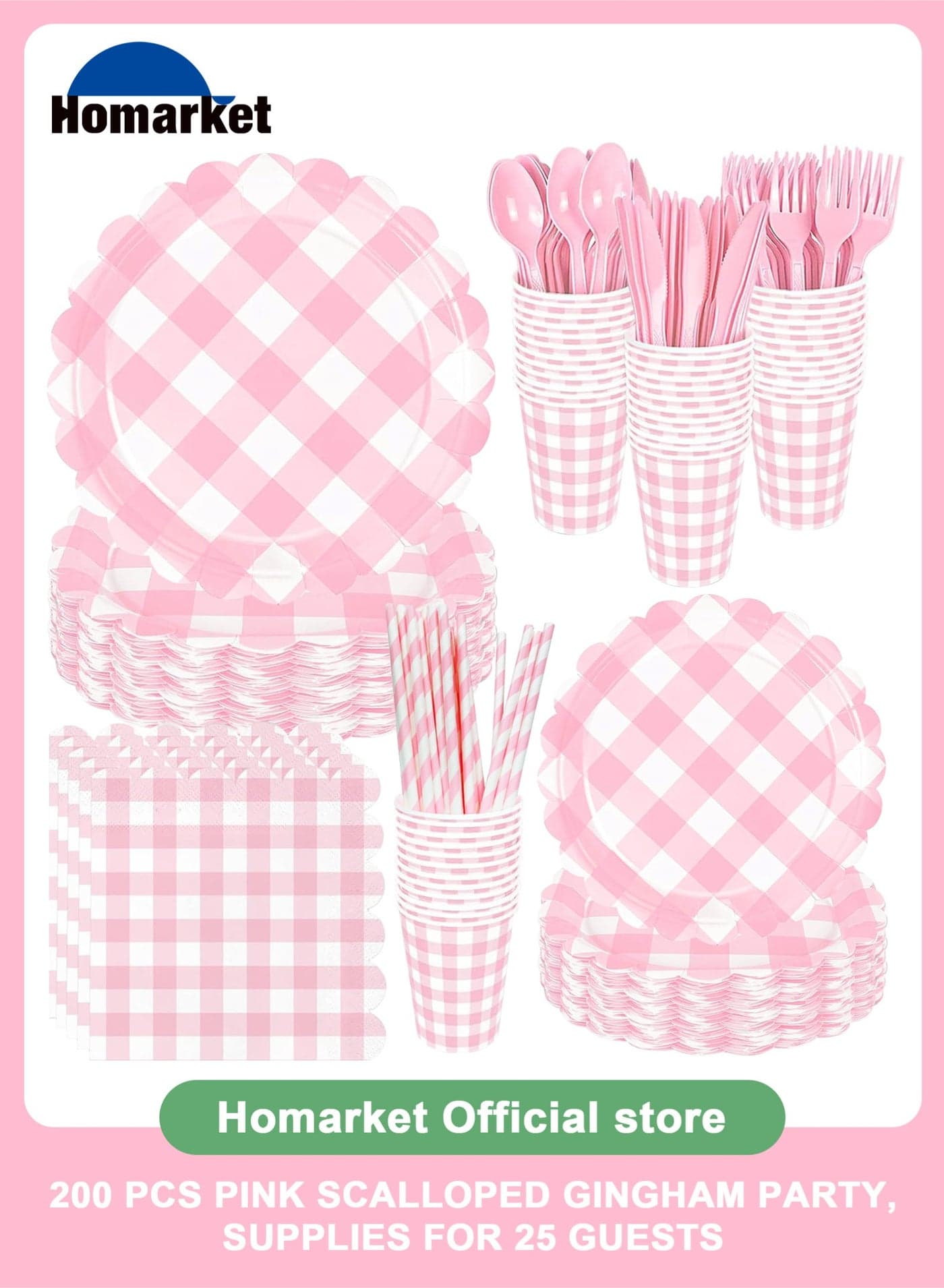 200 Pcs Disposable Paper Plates and Napkins,25 Guest Party Supplies Dinnerware Set Include Scalloped Paper Plates Napkin Cup Straw Plastic Spoon Fork Knive for Party,Wedding,Birthday (Light Pink)