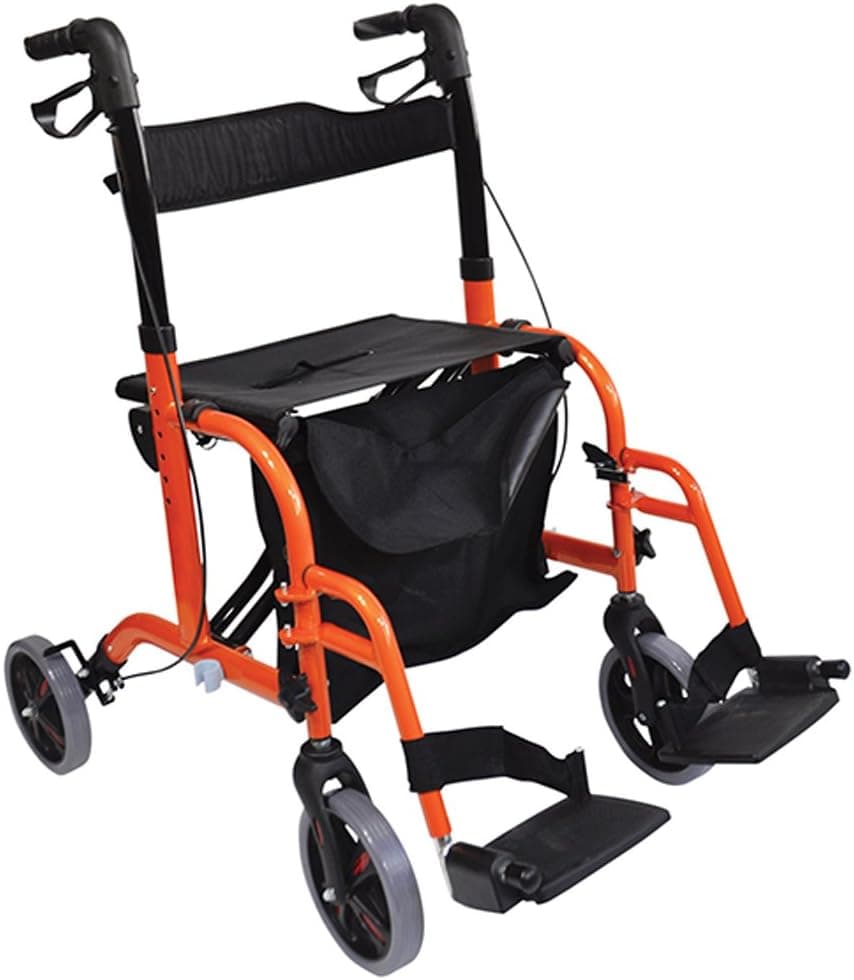Aidapt Duo Deluxe Orange Folding Light Weight 4 Wheeled Rollator Transit Chair Mobility Aid with Seat Foot Plates Carry Bag Lockable Brakes and Puncture Proof Tyres for Indoor and Outdoor use