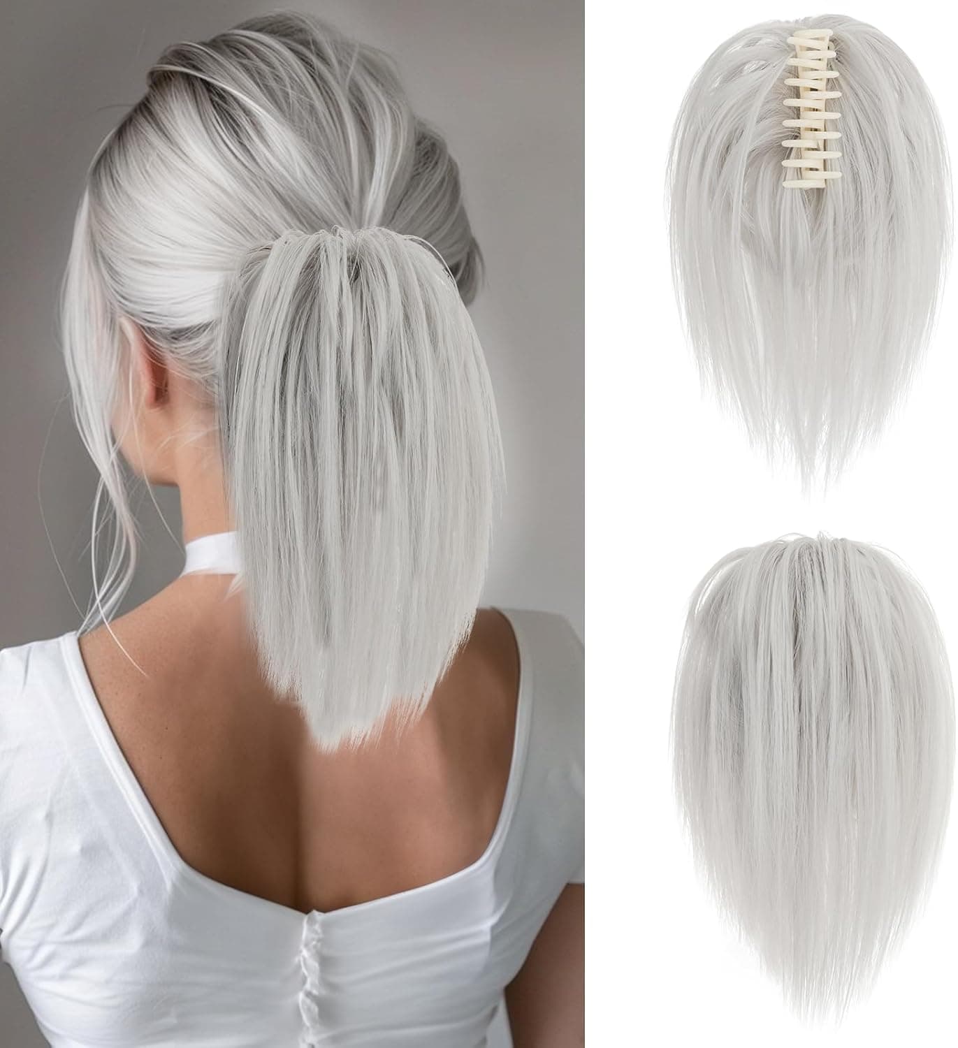 Benehair Silver Claw Clip Messy Bun Hairpiece Ponytail Hairpiece Straight Hair Bun Clip Extension Silver 60g