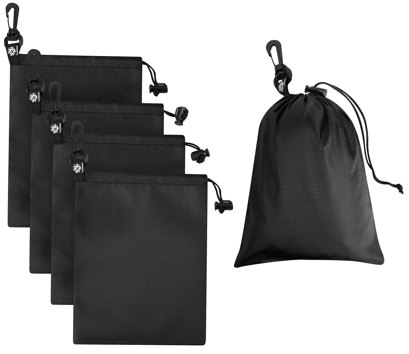 PALTERWEAR Drawstring Bag - Cinch and Ditty Pouch with Clip for Travel, Wardrobe, Outdoors - Set of 5 (Black, 7 x 9 inch)