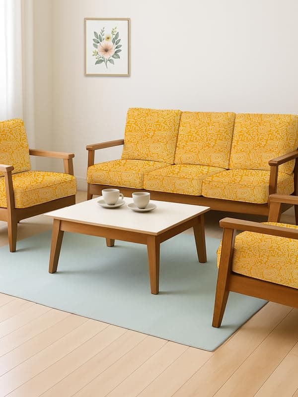 HOTKEI Yellow Abstract (Pack of 10) 200 GSM Fabric Wooden Sofa Seat Cover Elastic Stretchable Cushion Seat Slip Cover Protector for Wooden Sofa Set 5 Seater Antislip Full Covers for Living Room