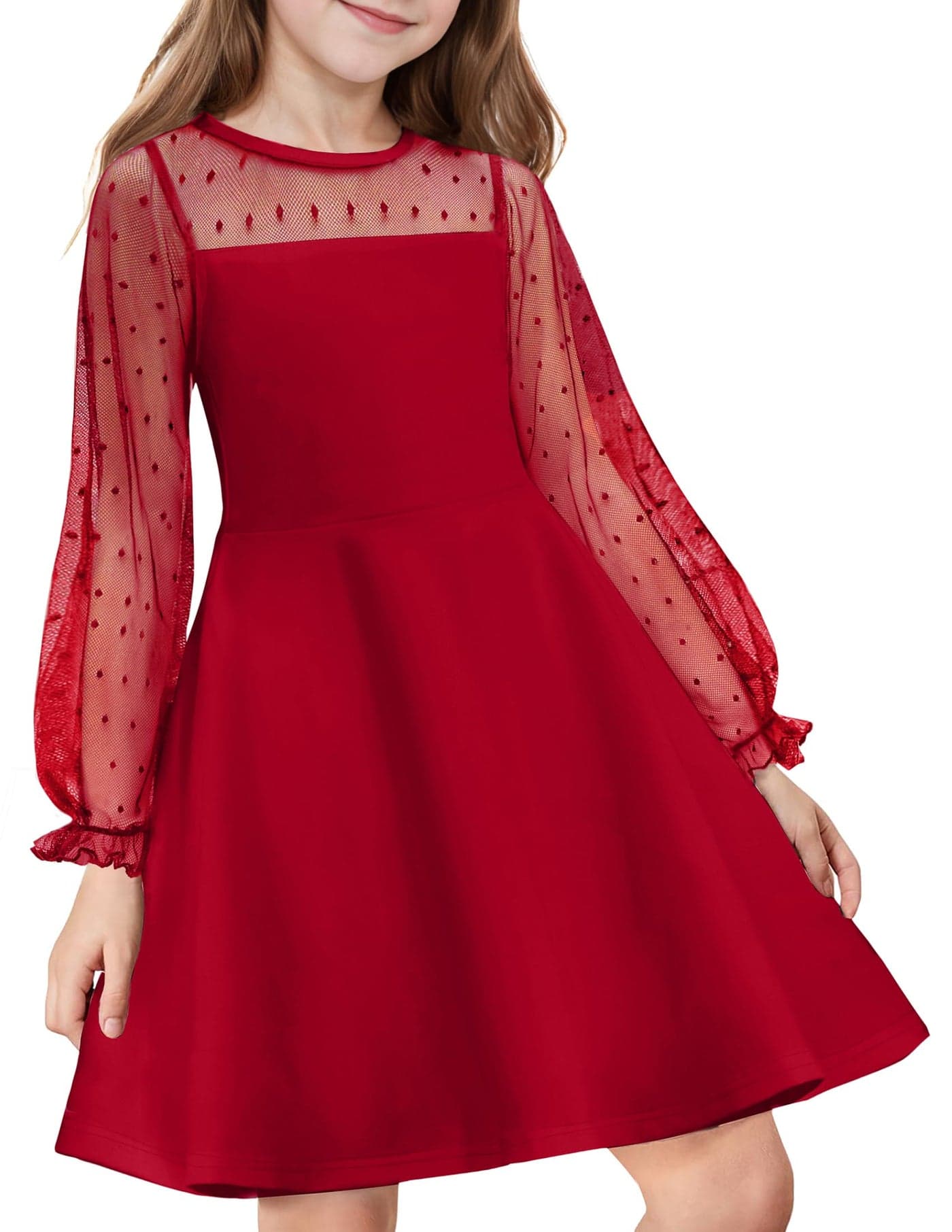 Flypigs Kids Polka Dots Mesh Long Sleeve Red Christmas Elegant A Line Short Dresses with Pockets for 9-10 Years