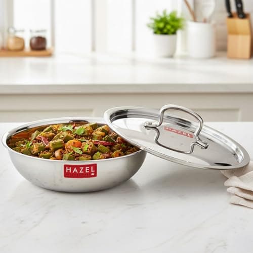 HAZEL Triply Stainless Steel Tasla with Steel Lid | 5L Flat Bottom Kadai | Less Oil Usage Cooking, 32.1cm | Induction & Gas Compatible Built with 3 Layer Tasra
