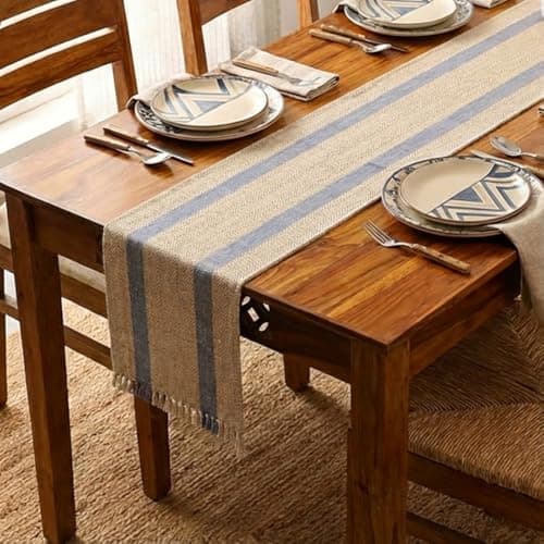 Peepul Tree Handmade Table Runner-6 Seater| Natural Grass Table Runner for Coffee & Centre Table | Non-Slippery | Heat-Resistant |12" x 72"Inch | Powder Blue & Off White | Home Decor Gift Items