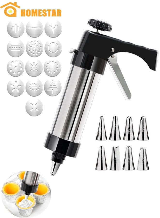 Cookie Press Gun Set, Stainless Steel Icing Decoration Press Gun Kit with 13 Discs and 8 Icing Tips, Biscuit Maker and Decoration