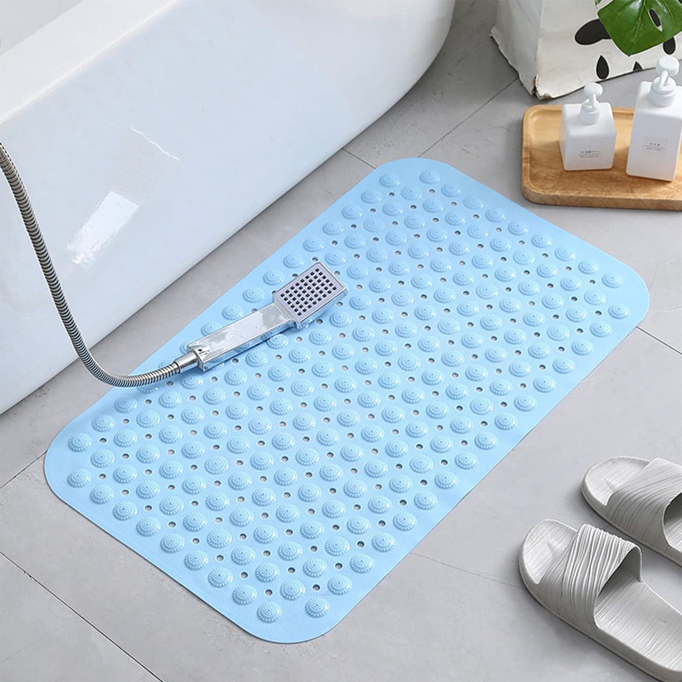 WENGTY NonSlip Plastic Shower Bath Mat with Multiple Use Non Suction Cup Mat for Healing Massaging Exfoliation Great for Walk in Showers Kitchens Laundry Room Indoor OutdoorLight Blue70 x 37 CM