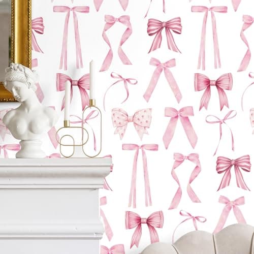 Nuanchu Pink Bow Wallpaper 15.75 x 118 Bow Ribbons Peel and Stick Wallpaper Coquette Trendy Preppy Removable Feminine Ballet Girly Adhesive Removable Coquette Room Decor