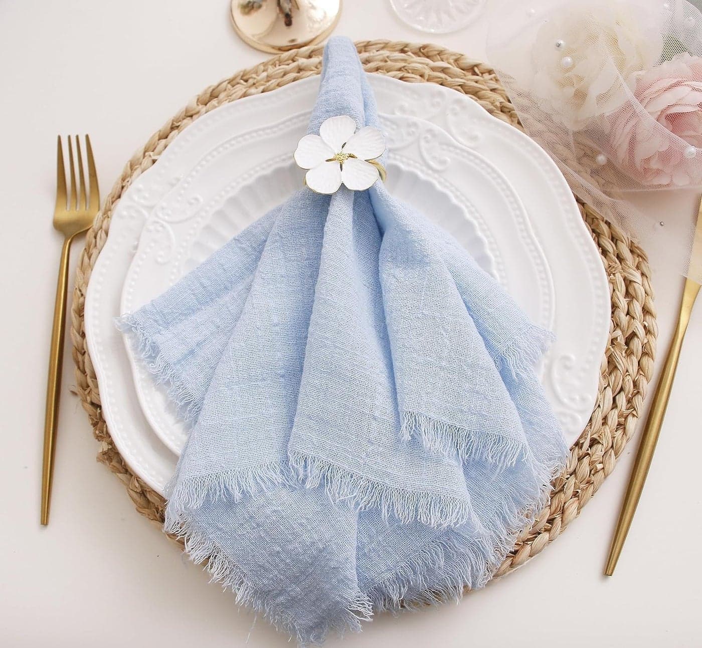 12 Pieces Cloth Napkins with Fringe, Gauze Washable Fall Napkins for Wedding Decorative Dinner Parties Home Table Decorations (42 * 42cm, Light Blue)