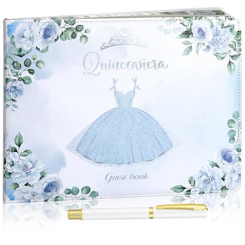 MotiMind Quinceanera Guest Book with Pen 11 x 8 Inch Libro De Firmas Para 15 Anos Quinceanera Leather Hardcover Signature Book Guest Sign in for 15th Party Favors Decoration(Blue,Skirt)