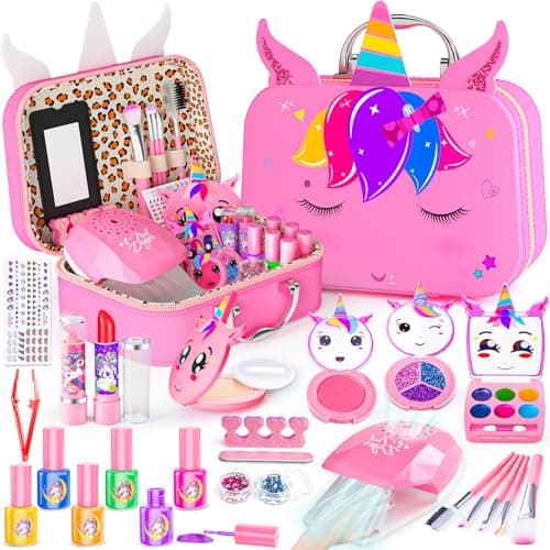 Mqsiuve Kids Makeup Kit for Girl 2 in 1 Kids Washable Makeup Toys Nail Art Kit with Nail Dryer and Storage Case Real Girl Makeup Set Birthday Gifts Toys for 3 12 Year Old Girls Pink