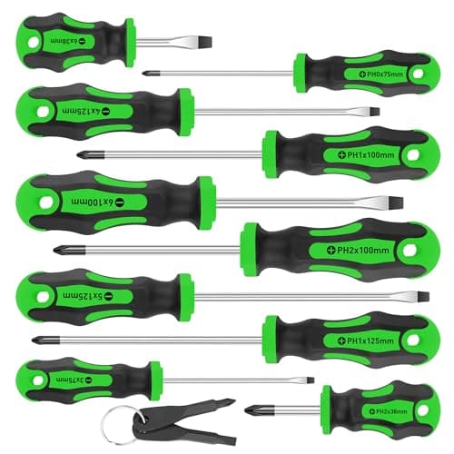 Amartisan 10-Piece Magnetic Screwdrivers Set, 5 Phillips and 5 Slotted Tips Professional Cushion Grip Screwdriver Set 2pcs Portable Multifunction Key Mini Screwdriver (Green)