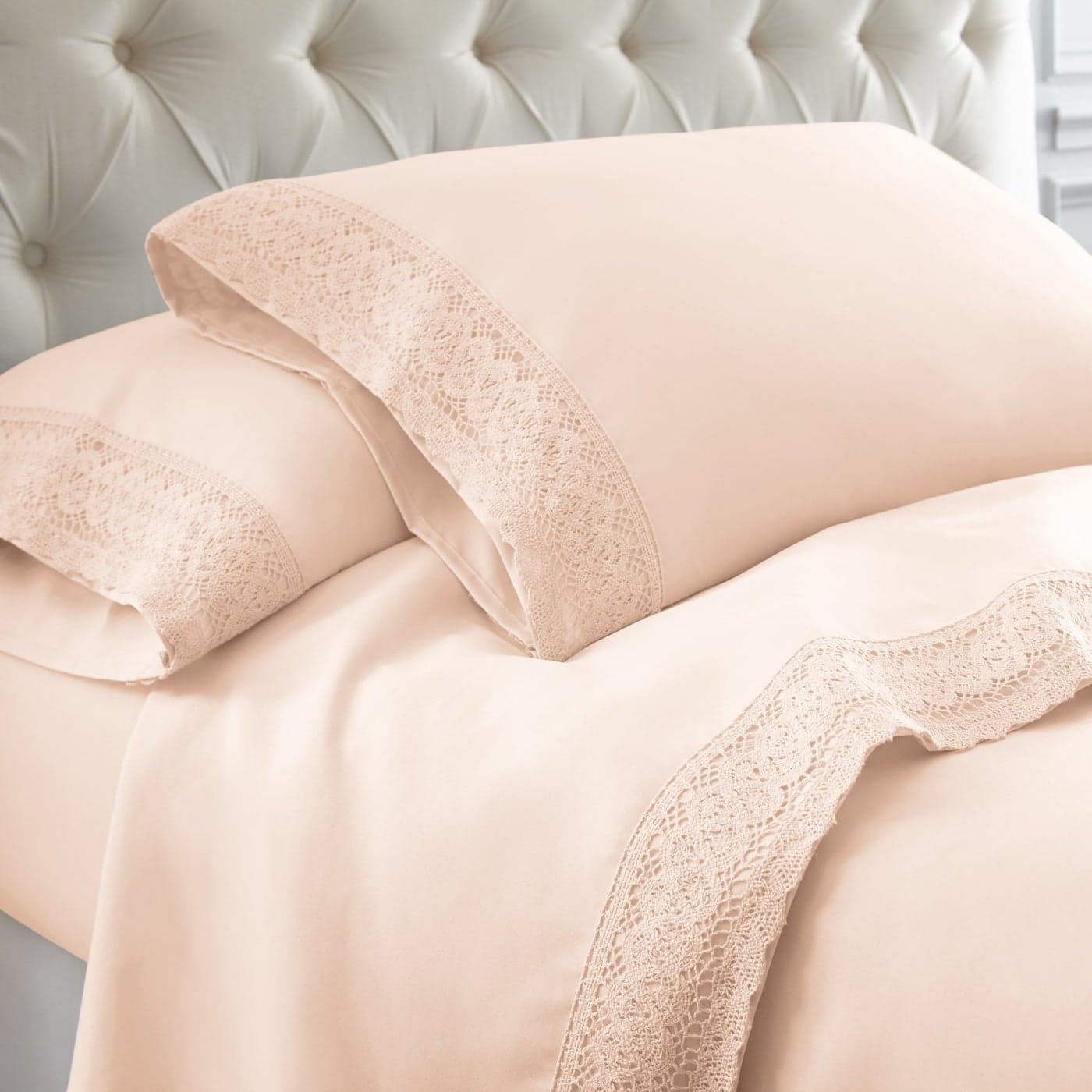 Amrapur Overseas 1MFLACEGBLSQN 4Piece Crochet Lace Bed Sheet Set Queen Blush