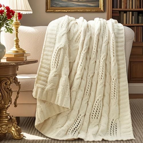 Amélie Home Chunky Knit Throw Blanket, Dual-Sided Soft Chenille Breathable Cable Knitted Blanket for Couch, Farmhouse Decorative Throw for Sofa & Chair, 50"x60", Ivory