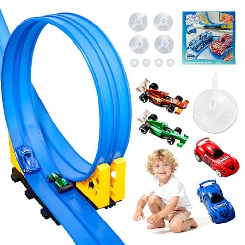 MINDNOOK 16 Ft Flexible Race Car Track Set for Kids Portable RollUp Racetrack with 4 Cars Suction Cups Compatible with 164 Diecast Toy Cars Gift for Boys Girls Ages 412