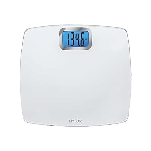 Taylor Digital Scales for Body Weight, Extra High Accurate 440 LB Capacity, Unique Blue LCD, Bright White Finish Extra LargePlatform, 12.2 x 13.5 Inches, White