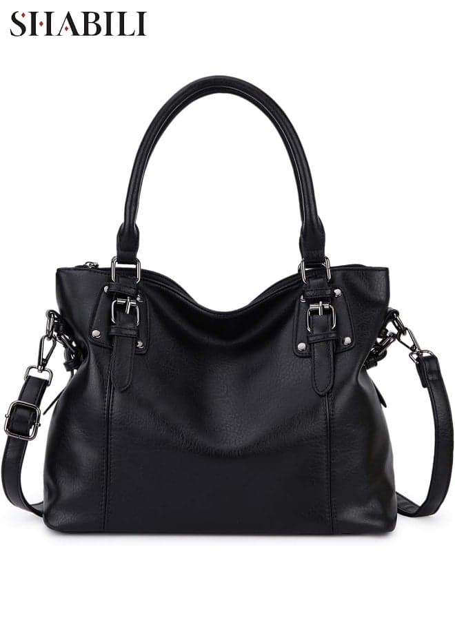 Women PU Shoulder Bag Crossbody Tote Satchel Ladies Bag Handbag, Ladies Large‑Capacity Multi‑Pocket Stitching Design Satchel Cross Bags for Daily Casual Travel Party Commuting Carryall (Black)