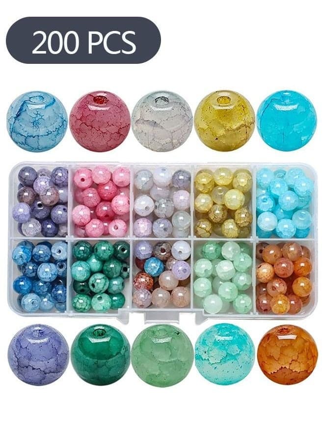 200-Piece 8mm Colorful Cracked Glass Beads, Crackle Lampwork Crystal Beads with Hole Sparkling Beads for Crafts Jewellery Making Necklace Bracelet Earrings