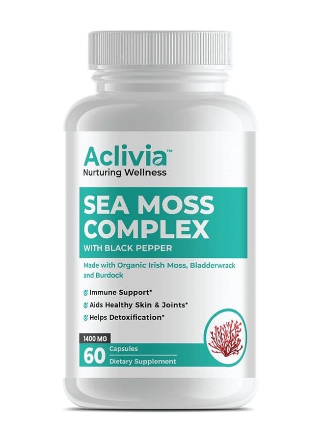 Certified Organic Irish Sea Moss Capsules with Bladderwrack, Burdock Root, and BioPerine, Pure Wildcrafted Sea Moss Supplement, Vegan, Non-GMO, 60 Counts Seamoss Capsules