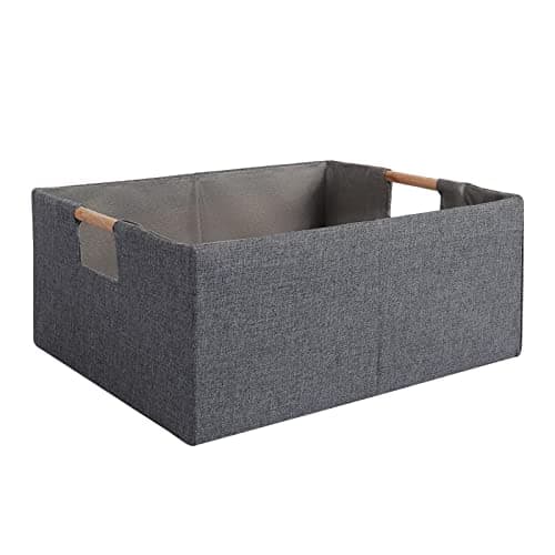 LaMore Fabric Storage Bin Box Foldable Collapsible Storage Basket with Wooden Handles Rectangular Cube Decorative Home Nursery Organizer Clothes Blanket Container Grey Medium