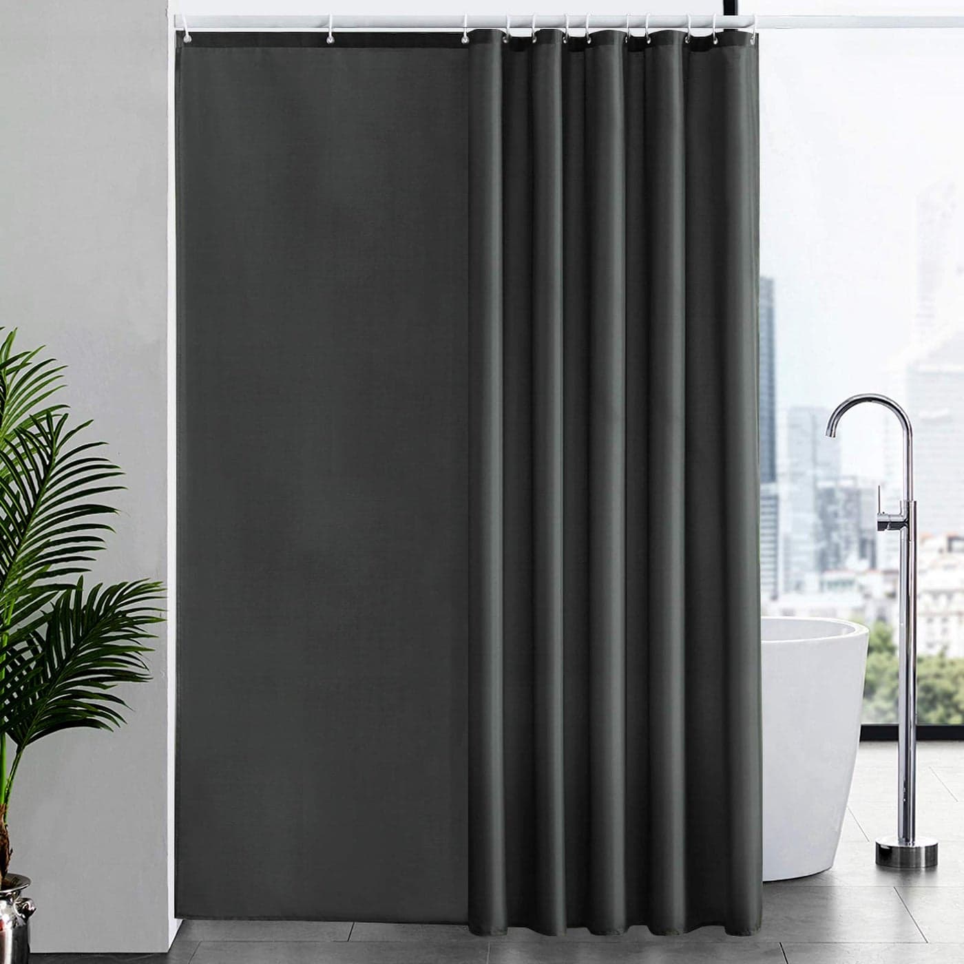 Furlinic Shower Curtain Mould Proof Resistant Wetroom Bathroom Polyester Fabric Shower Curtains Liner Waterproof Rustproof Washable Weighted with 12 Hooks Dark Grey Extra Long 200x240cm 78x94 Inch