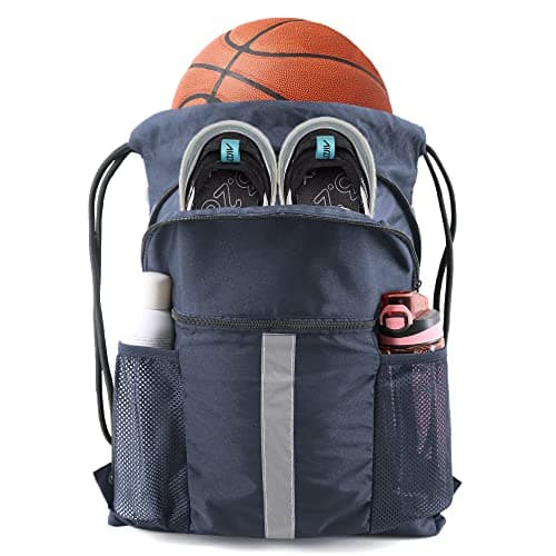 BeeGreen Navy Blue Cinch Backpack Bag Sack w Drawstring & Shoe Compartment Sturdy String Workout Sackpack w Zipper Pockets & Mesh Water Bottle Holder for Swim Gymnastic