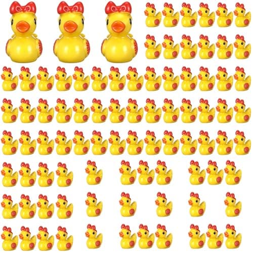Geelin 100 Pcs Mini Resin Cheer Ducks Gifts Bulk Tiny Duck Figurines with Bows and Pom Pom for Cheerleader Team Gift DIY Decoration CraftRed