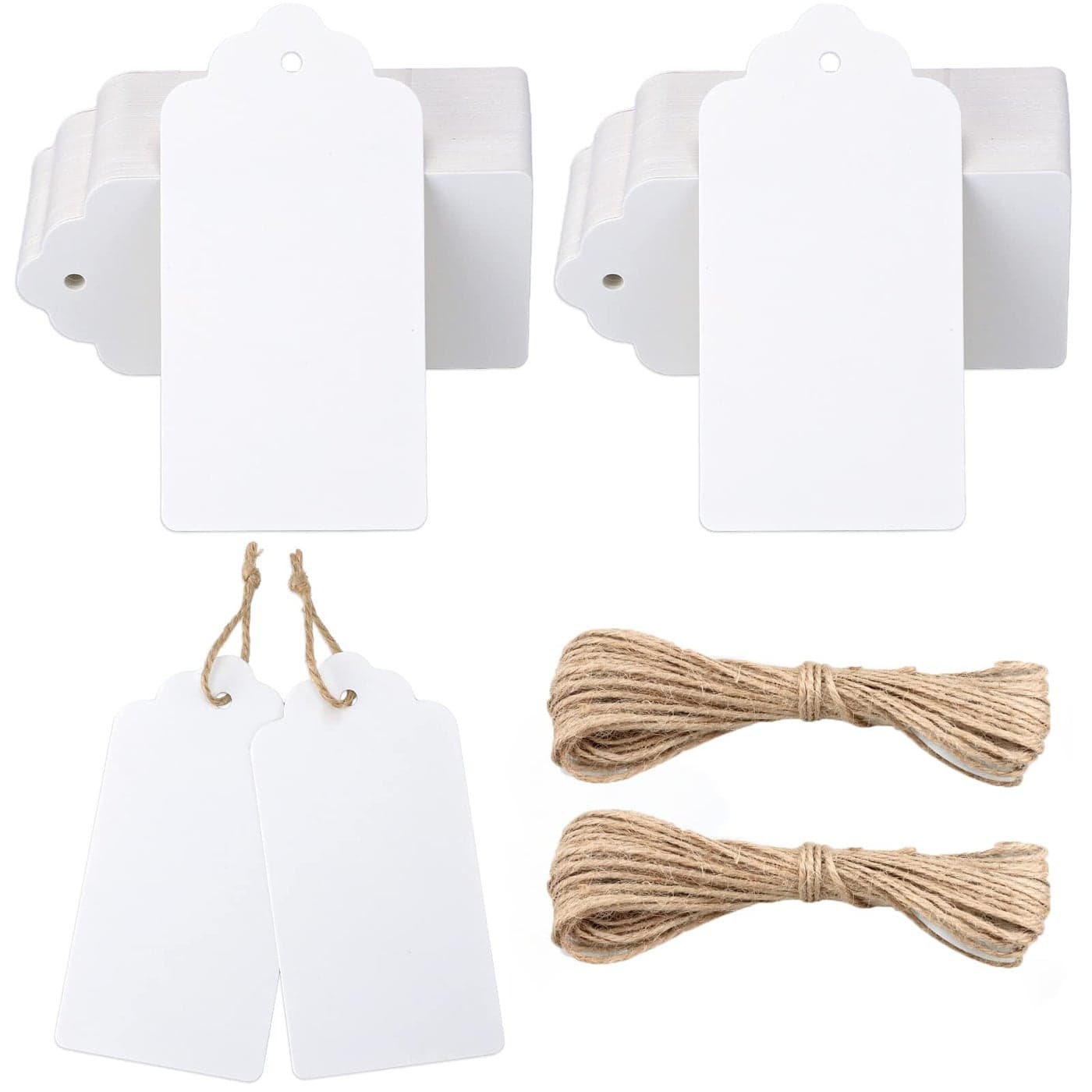 100 Pcs White Kraft Paper Blank Tags with String Wedding Favor Hang Tags with 66 Feet Natural Jute Twine Retangle Tags for Crafts