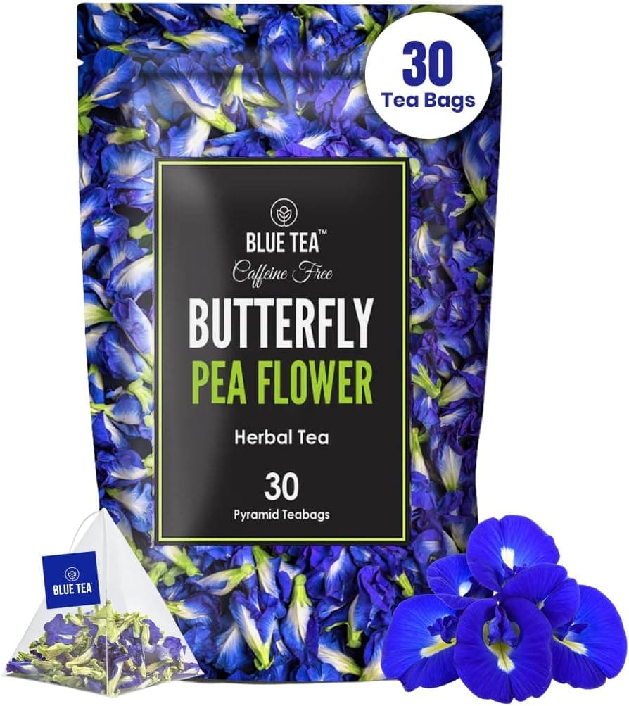 BLUE TEA Dried Butterfly Pea Flower Herbal Tea - 30 Pyramid Tea Bags, 100% Organic, Caffeine Free