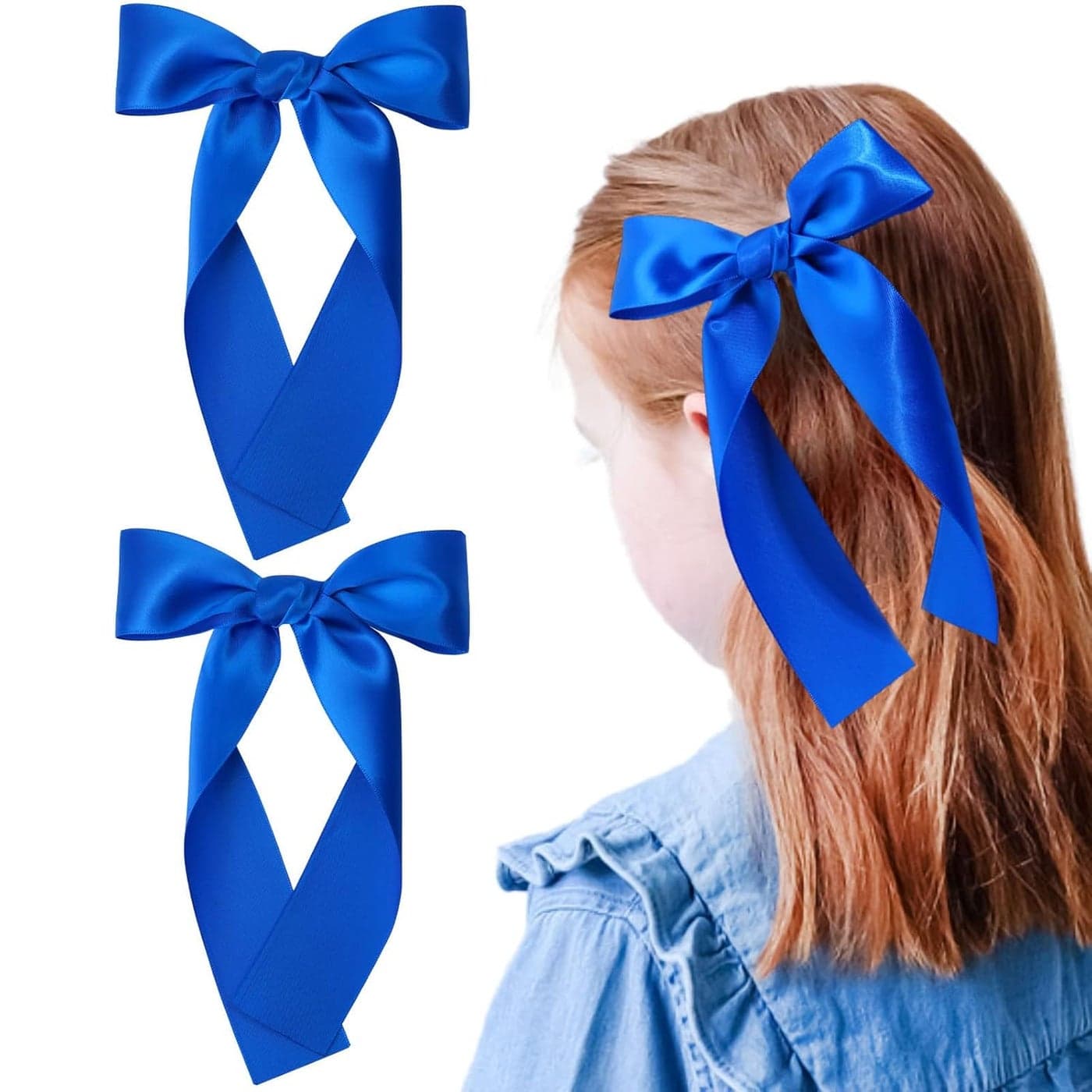 2Pcs Long Ribbon Hair Bows for Girls Hair Clip Silk Hair Bow Ribbon Hair Accessories for Baby Toddlers Infant Teens Kids Blue