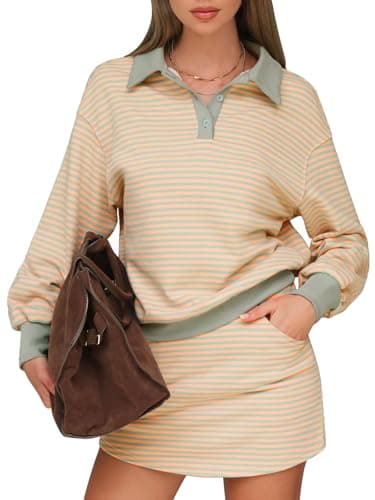 EXLURA Womens Two Piece Sets Cotton Striped Sweatshirt Matching Skirt Skort Tennis Vacation Cruise Outfits Travel Set 2026