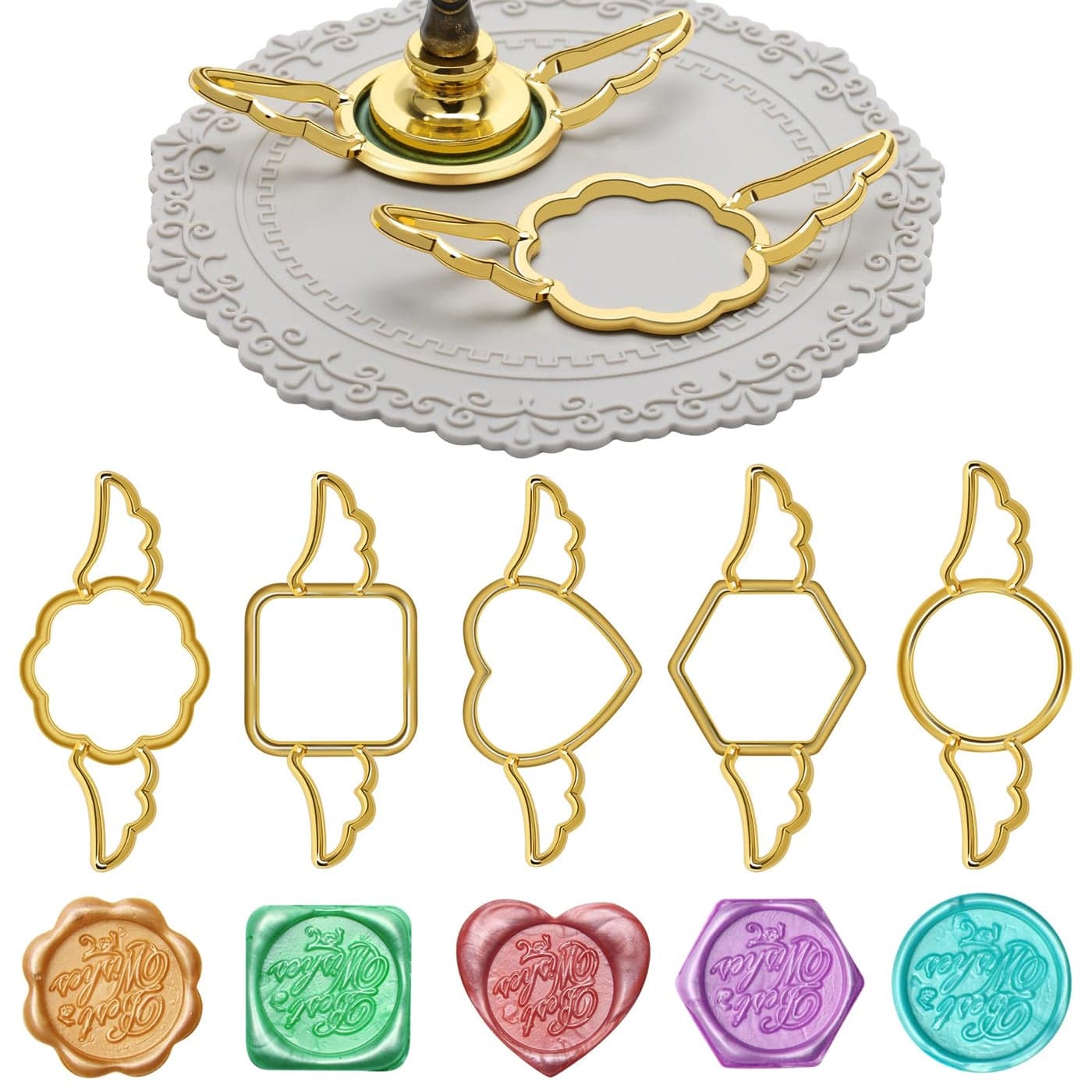 5+29P Metal Wax Seal Mold with Wing, Luxiv Gold Wax Seal Stamp Mold Round Flower Square Hexagonal Heart Metal Melt Ring with Silicone Mat, 28P Sticker for Envelope Wrapping