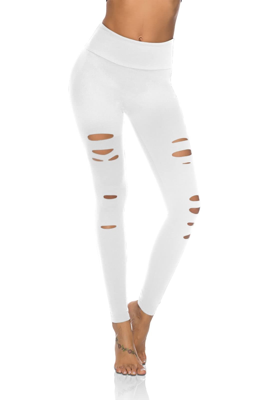 DIBAOLONG Womens High Waist Yoga Pants Cutout Ripped Tummy Control Workout Running Yoga Skinny Leggings White S