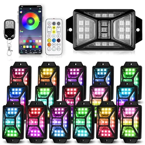 16 Pods Full Angle RGB Rock Lights, App/Remote Control Chasing Led Rock Lights with Music Mode Waterproof Multi-Color, Compatible with 12V Trucks Jeep UTV SUV ATV Off Road Golf Cart(Patented)