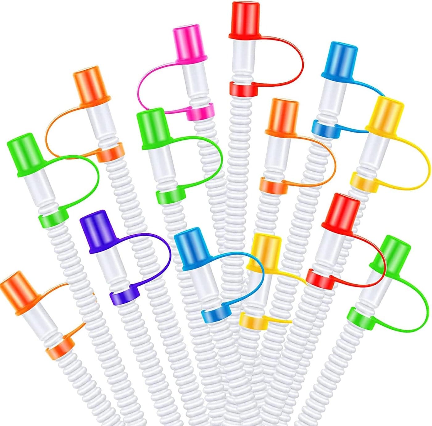100 Pcs Reusable Straws with Cover Caps, 11 Inch Flexible Bendable Straws, Reusable Plastic Straws with Colorful Cover Caps for Water Bottle/Mug, Birthday Party Supplies, Wedding Party Supplies