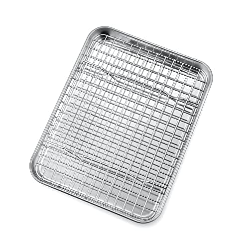 P&P CHEF 10.4 Inch Toaster Oven Pan with Rack Set, Stainless Steel Baking Pan Tray and Grid Cooling Rack for Cooking/Roasting, Dishwasher Safe & Easy to Clean, Non-toxic & Sturdy, (2Pcs)
