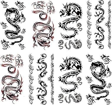 Yesallwas Temporary Tattoo Dragon for MenTeens GuysKids Boys8 Sheets Waterproof Long Lasting Fake Tattoos Stickers for Arms Shoulders Chest Back Biker Tattoos 9cmx19cm354x748inchesLxW