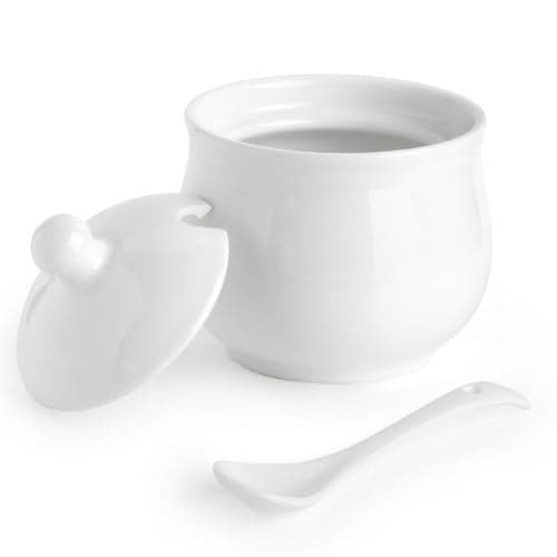 Swetwiny Ceramic Sugar Bowl with Lid and Spoon, Porcelain Salt Storage Jar, White Seasoning Container for Home and Kitchen, 7 Ounces (White)