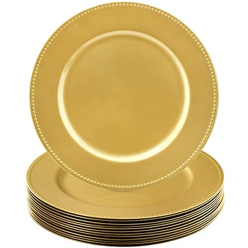 Okllen 12 Pack Plastic Gold Charger Plates, 13" Round Beaded Charger Plates for Wedding, Catering Event, Tabletop Decor