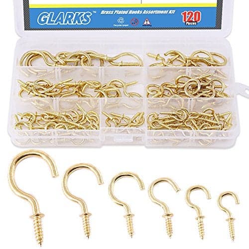 Glarks 120Pieces 6 Size Brass Plated Screwin Cup Hooks Lag Thread Handy Hanging Hooks Assortment Set