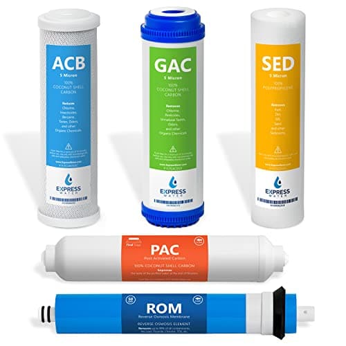 Express Water - CSGIM5 – 6 Months Reverse Osmosis System Replacement Filter Set – 5 Filters with 50 GPD RO Membrane, Carbon GAC, ACB, PAC Filters, Sediment SED Filters – 10 inch Size Water Filters