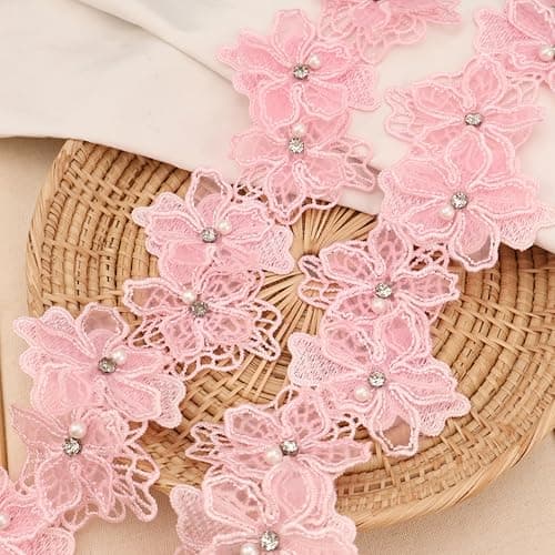 Organza Flower Trim 2 Yards 3D Pearl Beads Flower Lace Trim Embroidered Applique Sewing Craft for SewingDIY CraftsHome Decor Pink