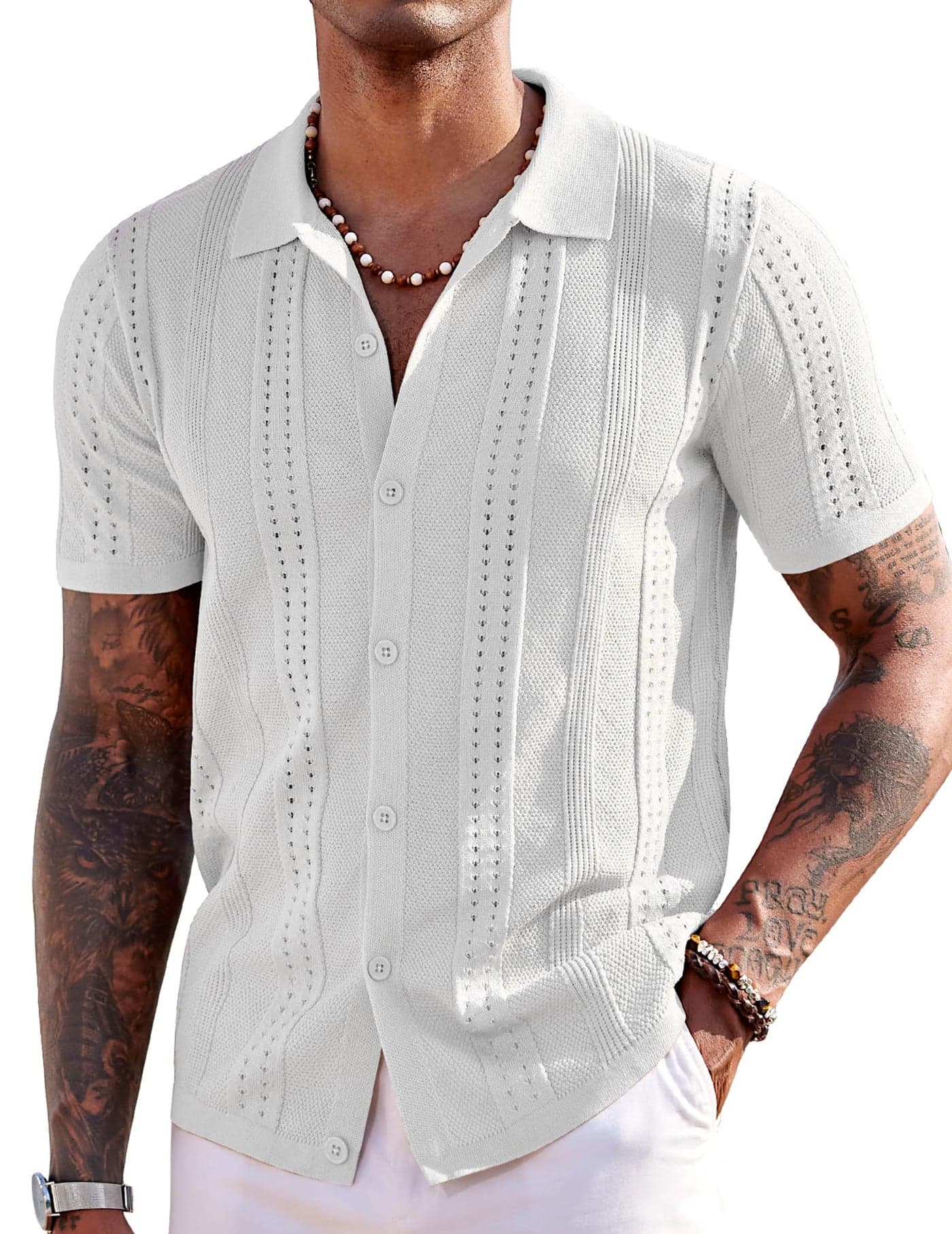 COOFANDY Men's Short Sleeve Knit Polo Shirts Vintage Lightweight Breathable Button Down Cardigan Golf Shirts, White, Medium