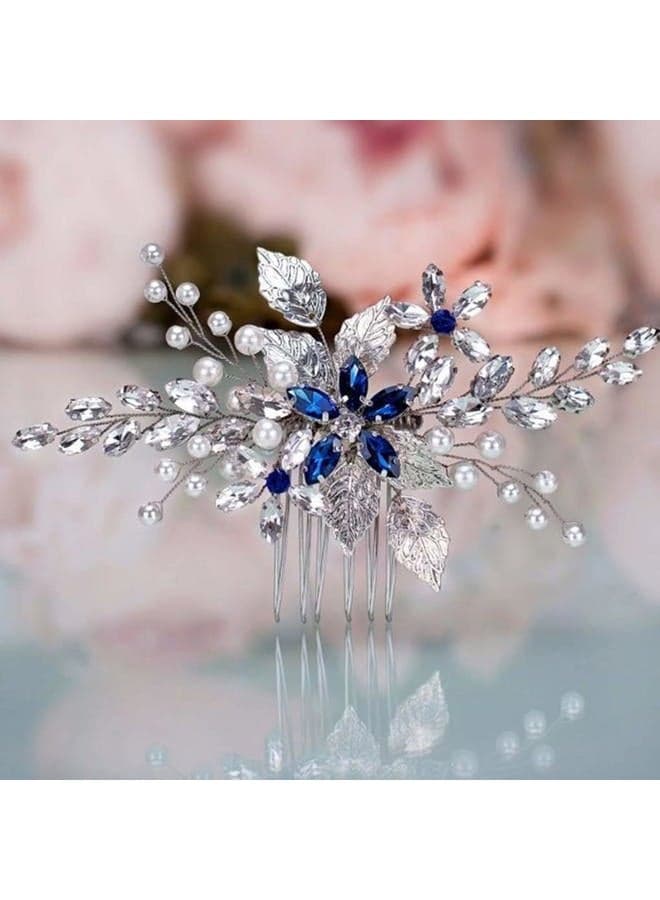 Wedding Hair Comb Blue Rhinestone Bridal Hair Accessories for Bride and Bridesmaids Wedding Hair Piece Silver
