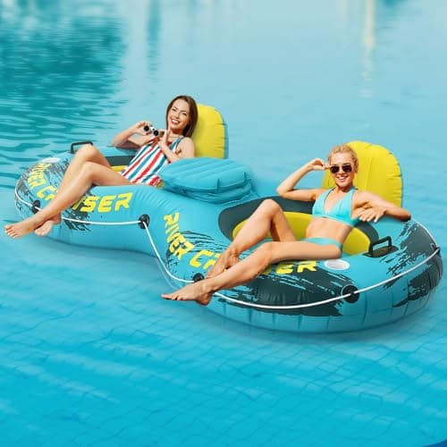 Sunrio 2025 New & Upgrade 2 Person Double River Tubes for Floating Heavy Duty Inflatable Floating Lounger Premium Water Rafts Pool Float Above Lake and River for Adults (Green-Yellow)